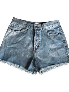 Zara High Rise Micro Denim Shorts 10 Blue Silver Metallic Light Wash Raw Hem